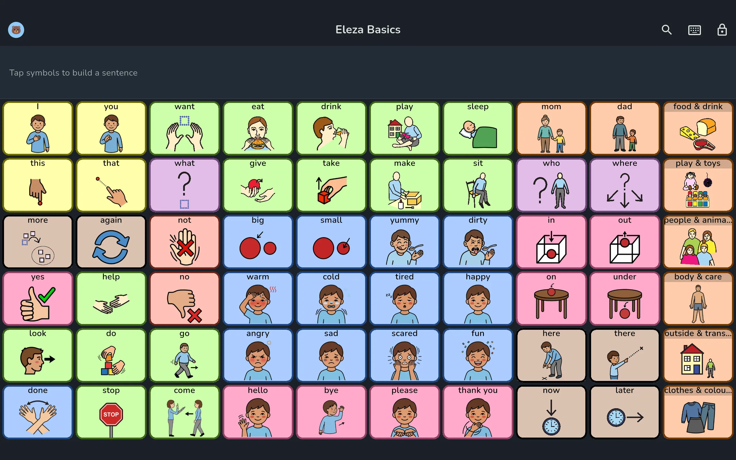 The Eleza Basics board on a tablet: a grid of colour-coded cells, each with a symbol and its word, with the eighteen core words filling the three leftmost columns and category folders down the right