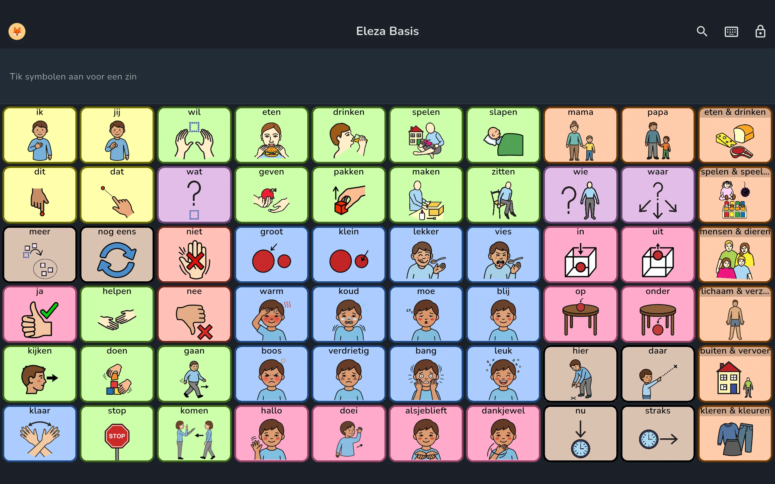 Het Eleza Basis-bord op een tablet: een raster van gekleurde vakjes met een symbool en het woord erbij, met de achttien kernwoorden in de drie linkerkolommen en categoriemappen aan de rechterkant