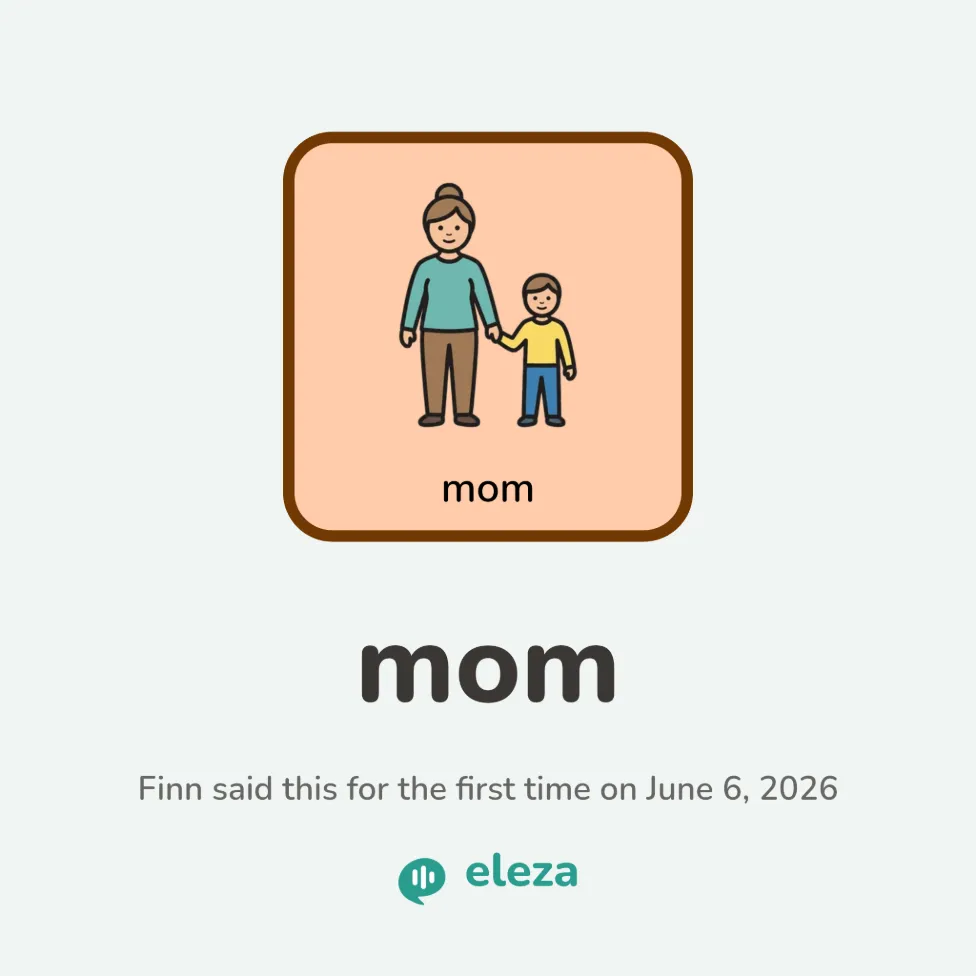 A keepsake card for the word “mom”, with the symbol and the date the child first said it